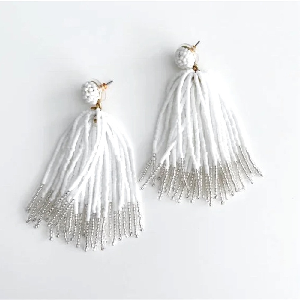 J. Crew Beaded Tassel Earrings White, Silver